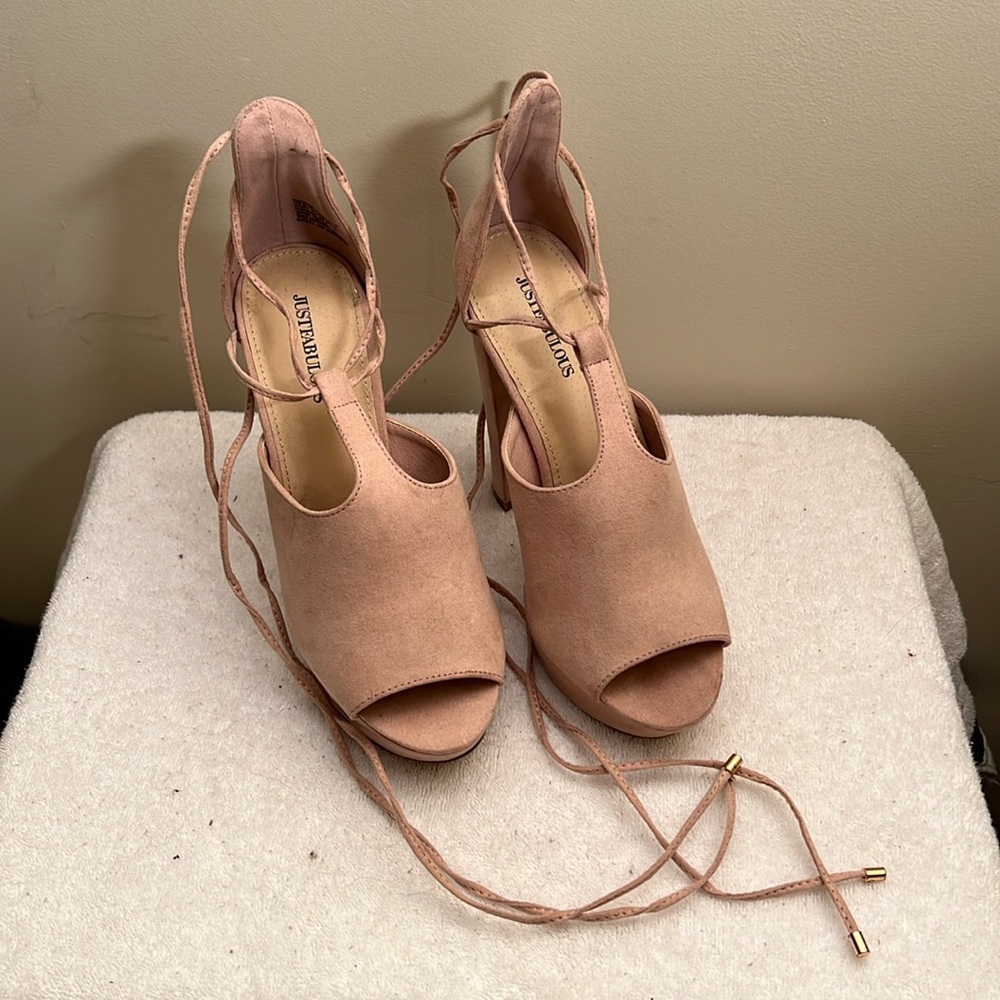 Just Fabulous - Women’s Light Pink Ankle Tie Cork Platform Heel - 8